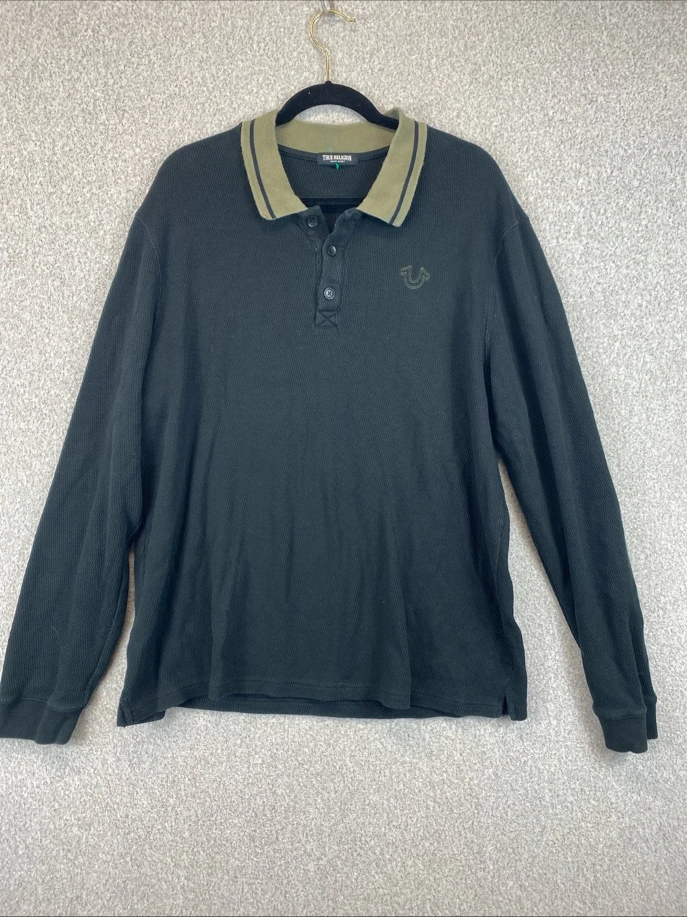 True Religion Thermal LS Polo Shirt Mens 2XL Waffle Knit Y2K Logo